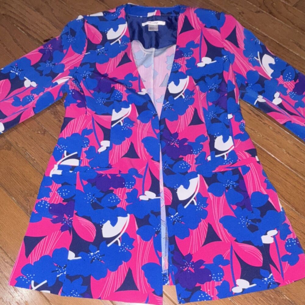 Masseys Women's Pink Blue Floral Open Front Long Jacket Size M